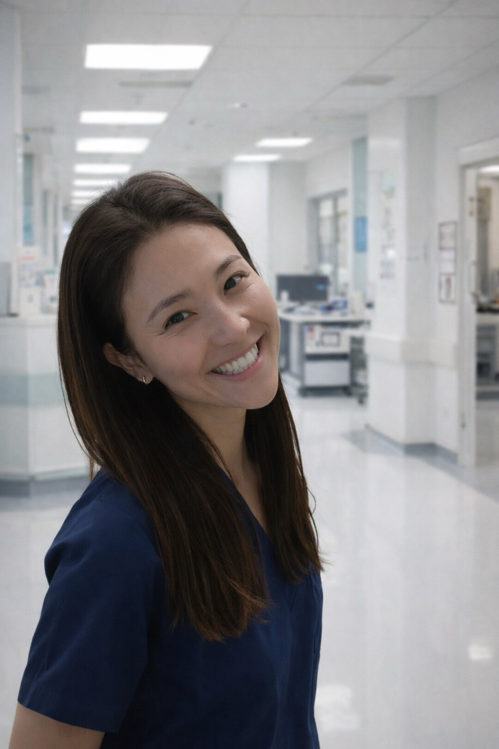 医療施設で紺色の制服を着て微笑む大谷 歩美